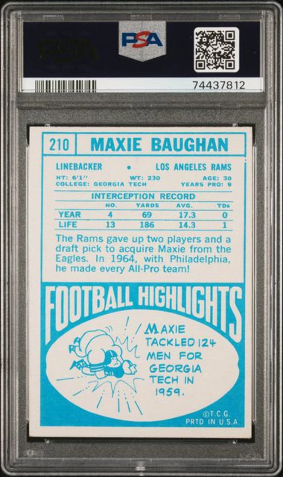 Graded 1968 Topps Maxie Baughan #210 Football Card PSA 4 VG-EX - Image 2 of 2