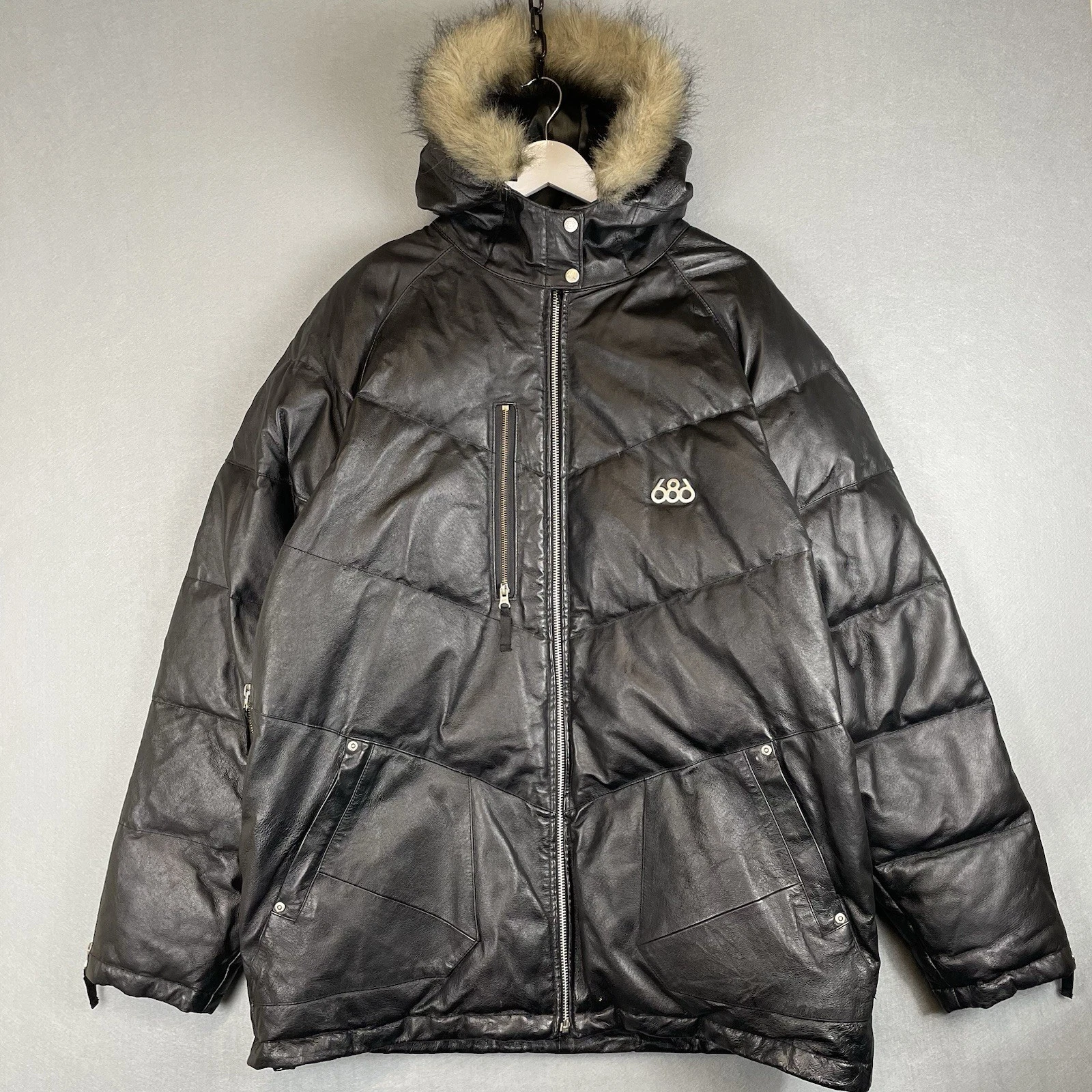 686 Jacket Mens XL Black Leather Down Puffer Fur Hood Ski Snow Coat Vintage