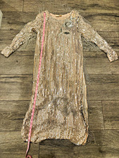 Vintage 80 s Hand Beaded 100 Silk Fringe Dress Liquid Silver Art Deco M/L