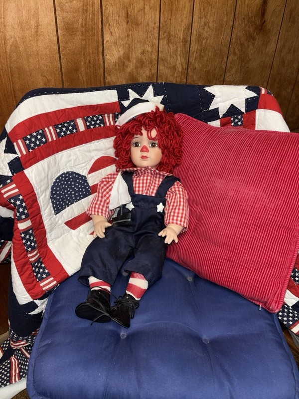 Red Curly Hair Cloth Rag Doll Boy Blue Eyes, Blue Overalls, Striped Socks