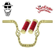 Vtg Lowrider 9" Handlebar Cage Square Twisted 25.4mm Gold, Velour Swirl Grips