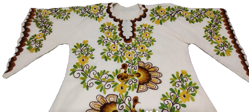 1970s Mexican Hippie Top Angel Sleeves Hand Embroidered Green Peacock Vintage S