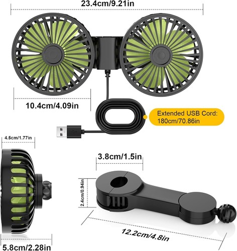 USB Car Cooling Fans for Backseat Dual Head Car Fan 3 Speeds 360° Rotatable - Picture 8 of 11