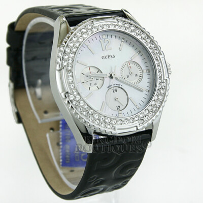 Montre GUESS Rock Candy Pour Femme - Cadran Argenté, Bracelet Cuir Noir - Neuve Avec étiquettes