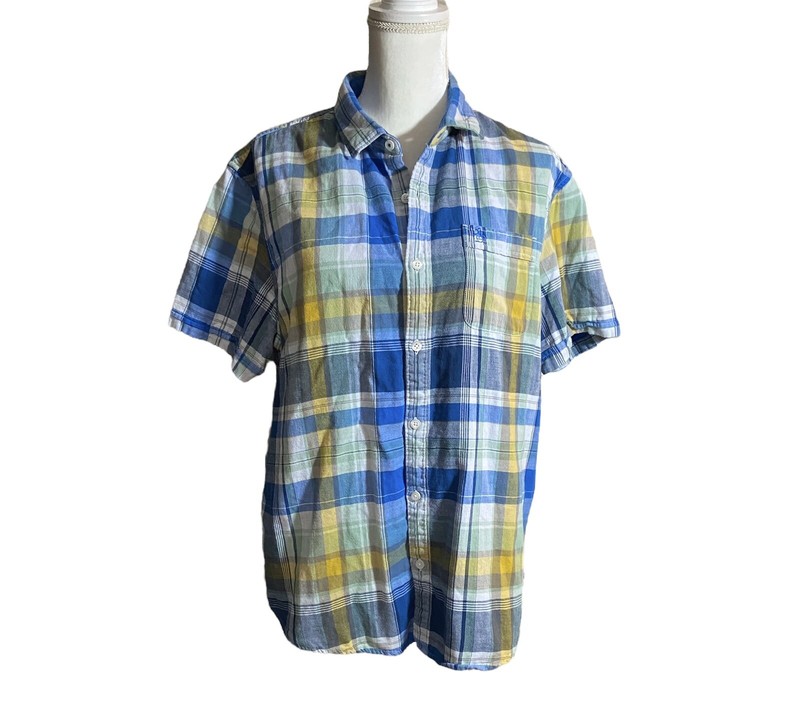 Original Penguin Button Down Shirt Mens Slim Blue Plaid Short Sleeve Size XL