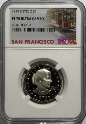 1979 S $1 Type 2 NGC PF70 Ultra Cameo Proof Susan B. Anthony Dollar SBA Trolley