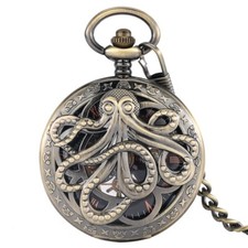 Men Skeleton Pocket Watch Mechanical Octopus Engraved Windup Pendant Fob Chain