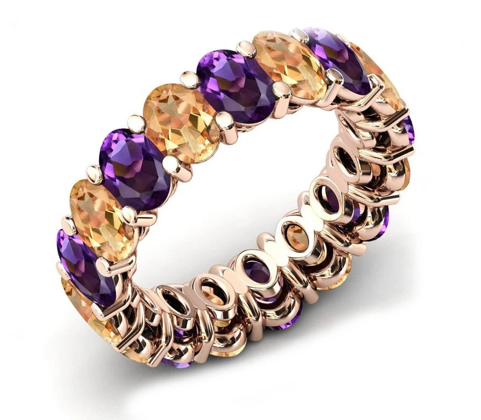 Anillo de compromiso de plata 925 con banda de eternidad de amatista ovalada de relleno de oro de 14k para ella Foto 4 de 4