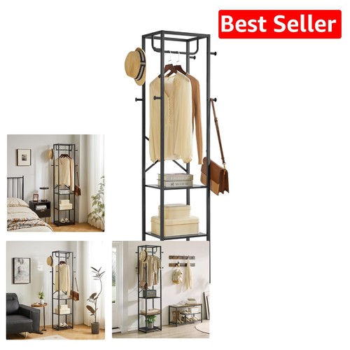 Industrial Freestanding Coat Rack with 3 Shelves & 8 Hooks - Black UTMJ088B