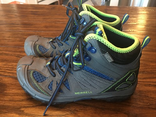 Merrell Boys Boots Youth 3 M Capra Mid Leather Hiking Winter Gray Blue Ankle - Picture 4 of 6