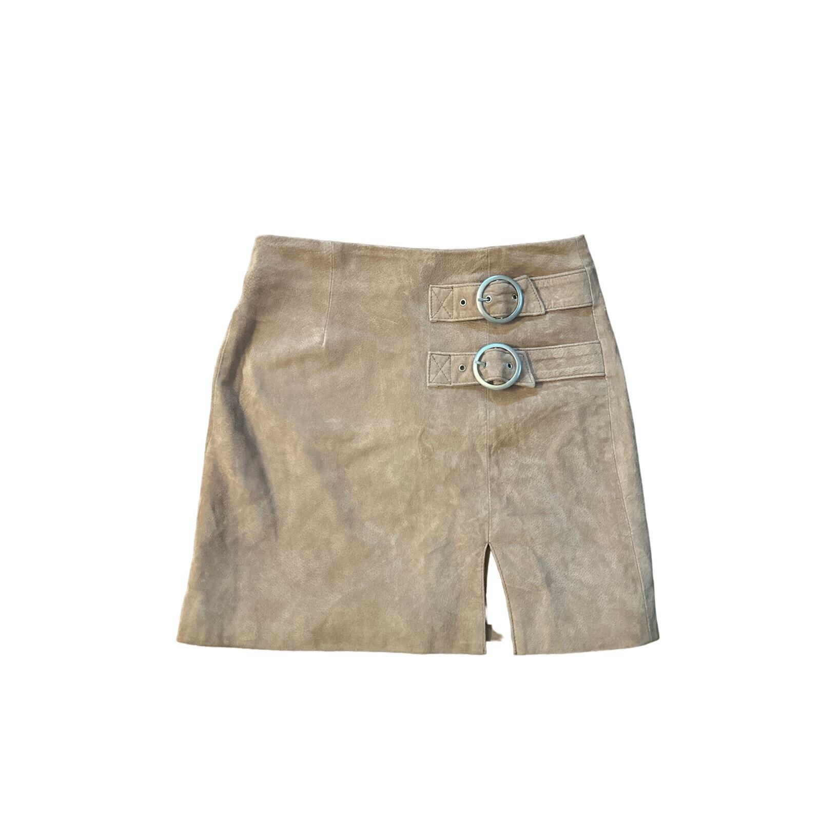 Women's 25 Blank NYC Double Buckle Suede Mini Skirt in El Dorado Brown - 100% Genuine Leather