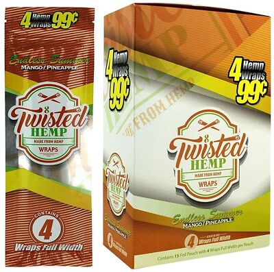   TWISTED WRAPS 4 LEAF PACK  15 COUNT BOX 60 ROLLING PAPERS  MANGO/PINEAPPLE
