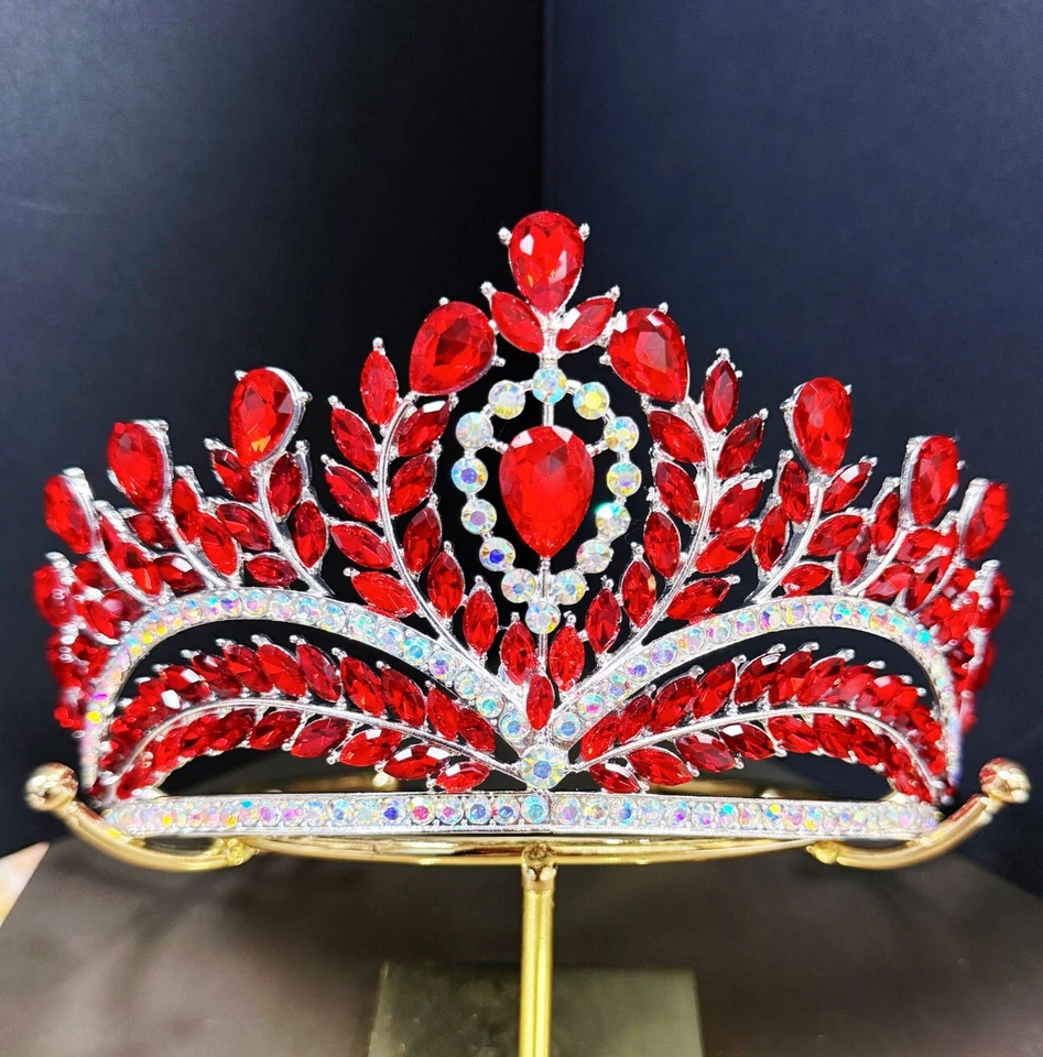 Corona de cristal rojo, corona de quinceañera, tiara de boda de plata, tocado de novia Foto 4 de 4