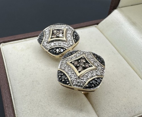 14k Yellow Gold Round Black Champagne & White Diamond 0.75ct Fine Stud Earrings - Picture 3 of 13