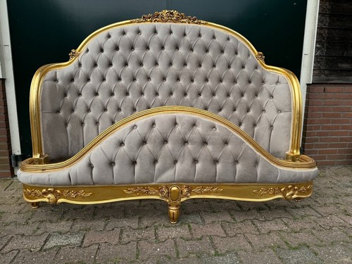 Bed Frame French Louis XVI 1880 Antique Gold Beechwood Corbeille Velvet - Picture 9 of 17