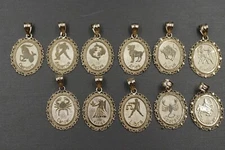 10K Solid Yellow Gold 1.1" Oval Shape Zodiac Sign Diamond Cut Charm Pendant.