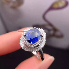 Pretty Royal Blue Cushion Cut 1.69CT Sapphire With 2.84CT Clear CZ Cluster Ring