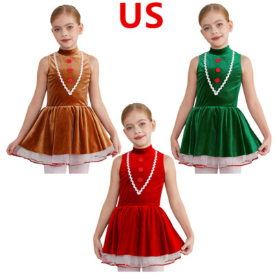 US Girls Christmas Dance Dress Ballet Tutu Dancewear Figure Ice Skating Dress