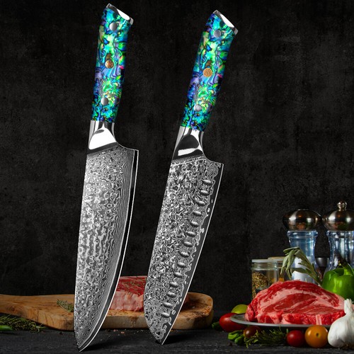 Damascus Chef's Knife Damascus Steel Santoku Nakiri Knife Abalone Shell Handle - Picture 22 of 40