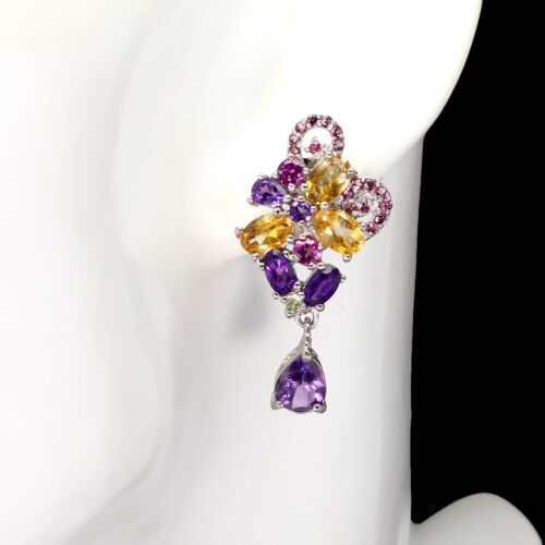 925 Sterling Silver Earrings Pear Amethyst Citrine Peridot Rhodorite Gemstone - Picture 2 of 10