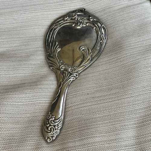 Art Nouveau Style Vintage Heavy Vanity Hand Mirror Silver Plate Floral Scroll