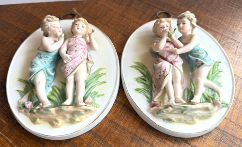 Vintage Pair of Arnart Japan Bisque porcelain Cherub Wall Plaques