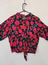 Gitano 1990s Y2K Red Floral Rayon Blouse 3/4 Sleeve Womens M Vintage Cottagecore