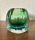 Flavio Poli  Seguso Murano Italian Sommerso Art Glass Block Vase Green Blue 1960