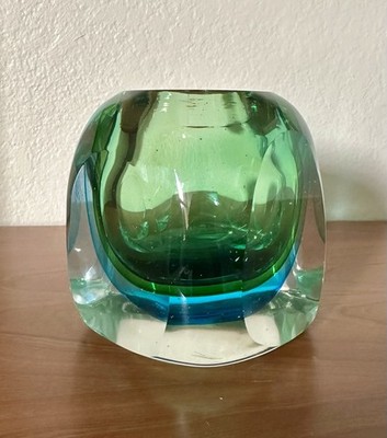 Flavio Poli  Seguso Murano Italian Sommerso Art Glass Block Vase Green Blue 1960