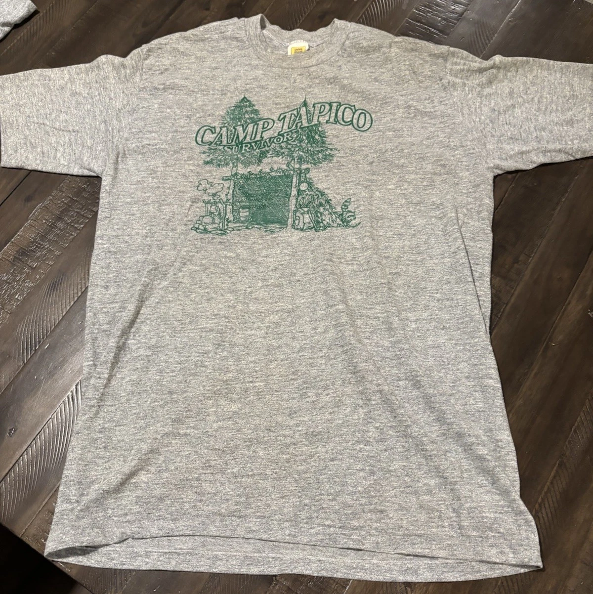 Vintage 1970s Velva Sheen USA Camp Tapico Kalkaska Michigan Gray T Shirt XL
