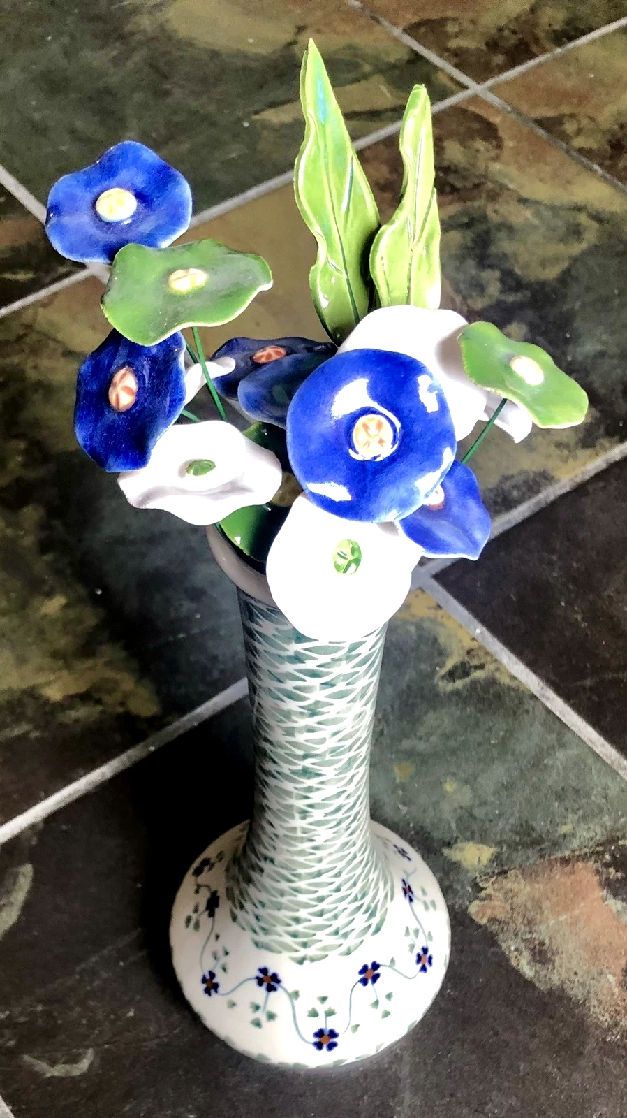 Polish Pottery Tall Vase 10" H 14 Polish Ceramic Flowers 2 Leaves Rhine Valley