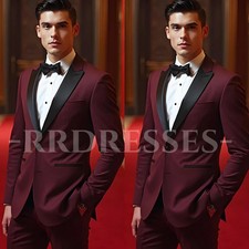 Burgundy Men's Suits Wedding Groom Business 2Pcs Formal Bridal Tuxedo Jacket