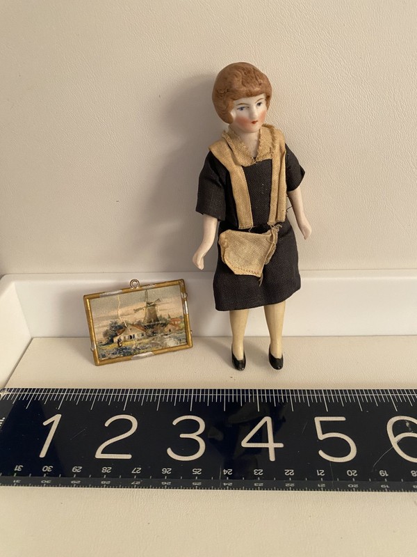 ANTIQUE GERMAN porcelain Doll house MAID and small metal framed picture