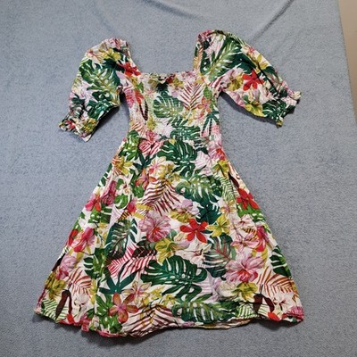 J Gee Puff Sleeve Smocked Fit & Flare Dress Womens Size Medium Green Floral