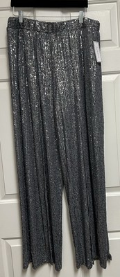 Flowy Silver Sequin Wide Leg Pants With Front Slits NEW with Tags Gorgeous!