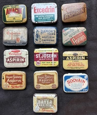 Vintage Medicinal Aspirin Advertising Empty Tins Lot Apothecary Pharmacy 19 Pcs