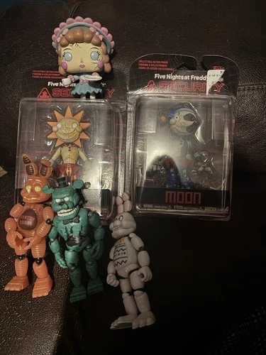Misc FNAF Figurines, In Box And Out, And A Funko Pop Sun And Moon Figurine