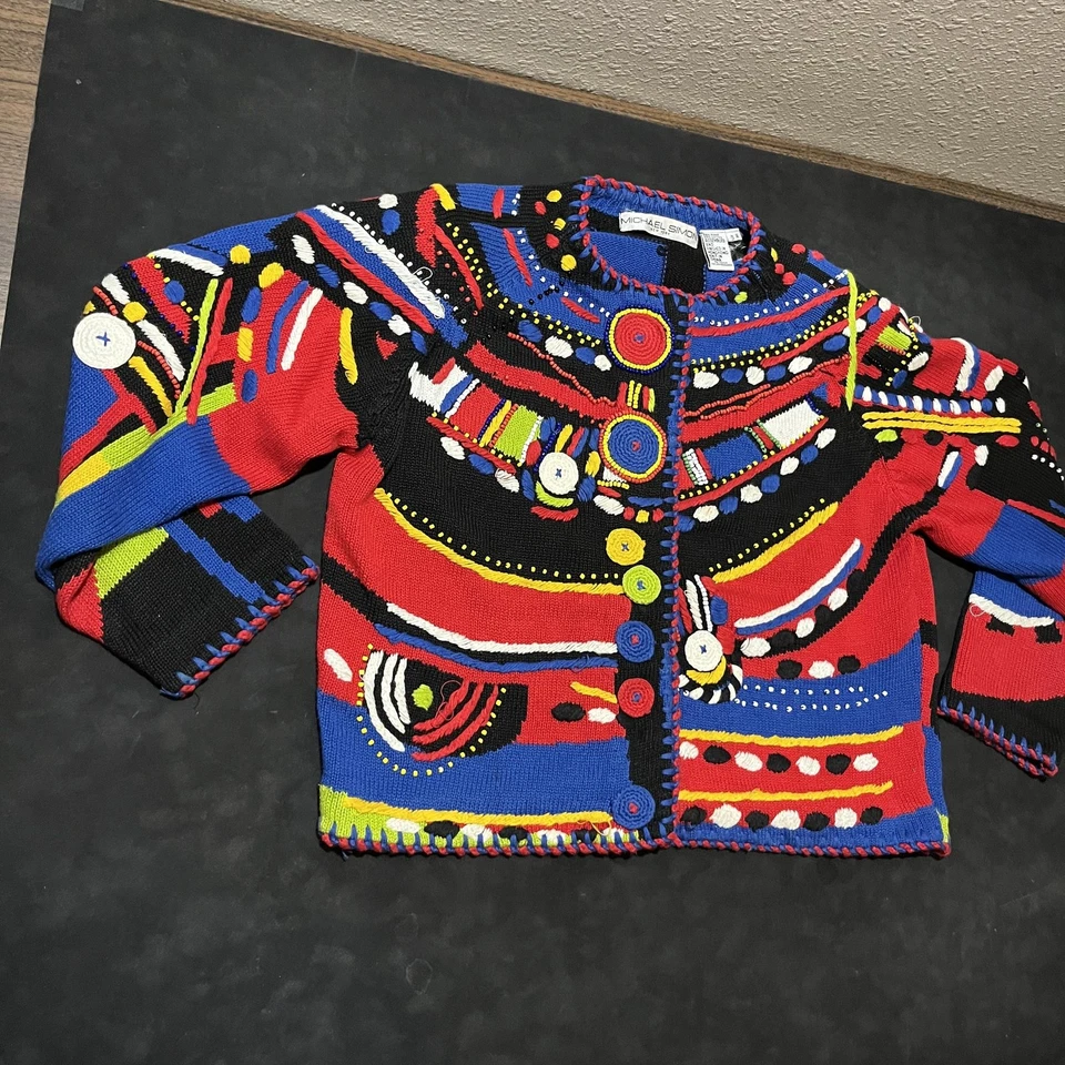 复古 Michael Simon 毛衣女式均码红色蓝色黑色大胆艺术针织 90 年代 — 第 2/4 张图片