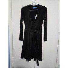 Simply Vera Vera Wang Black Wrap Dress XS Petite Long Sleeve Ruffle Hem NWT