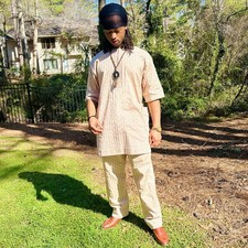 Nigerian Lace Tan Brown Men Two Piece Shirt  Pants Outfit
