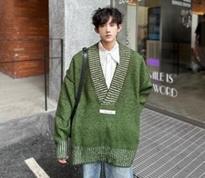 Men's New Fashion Winter V Neck Long Sleeve Loose Warm Kniting Pullover Sweater