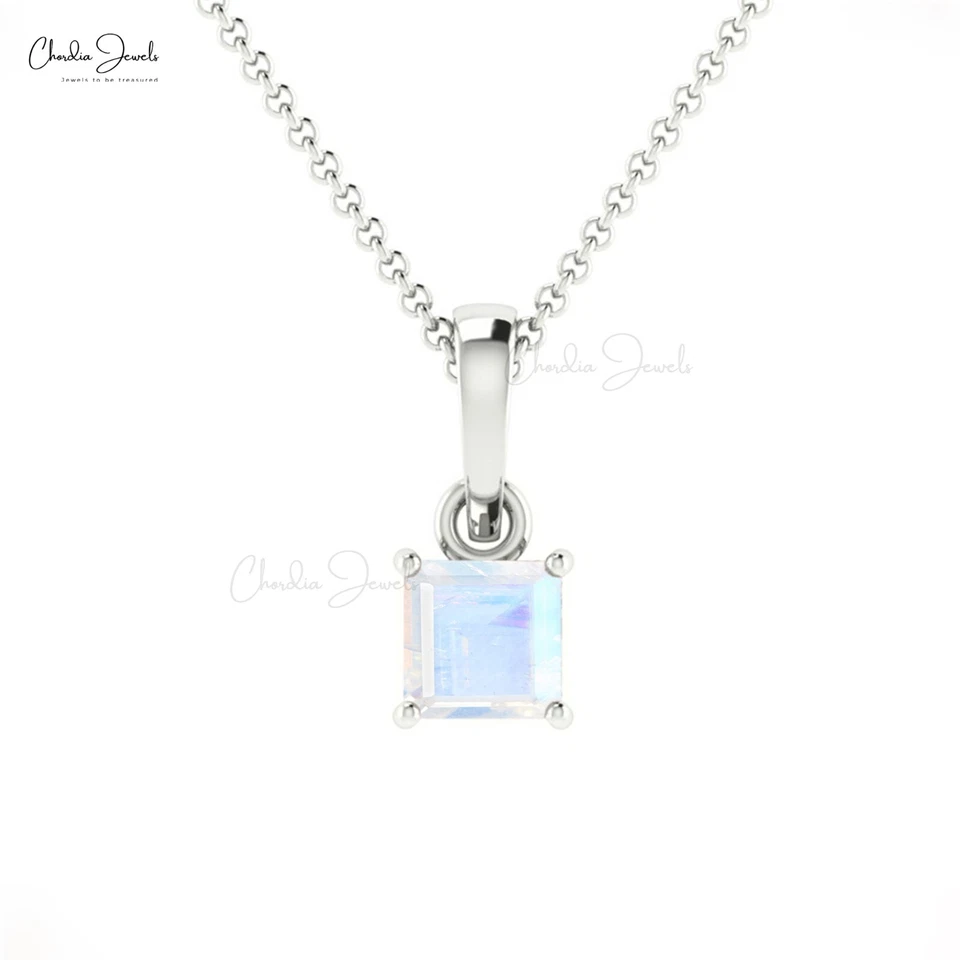 Colgante de piedra lunar arco iris de oro macizo de 14k de 4 mm conjunto de puntas de corte cuadrado collar regalo Foto 3 de 4