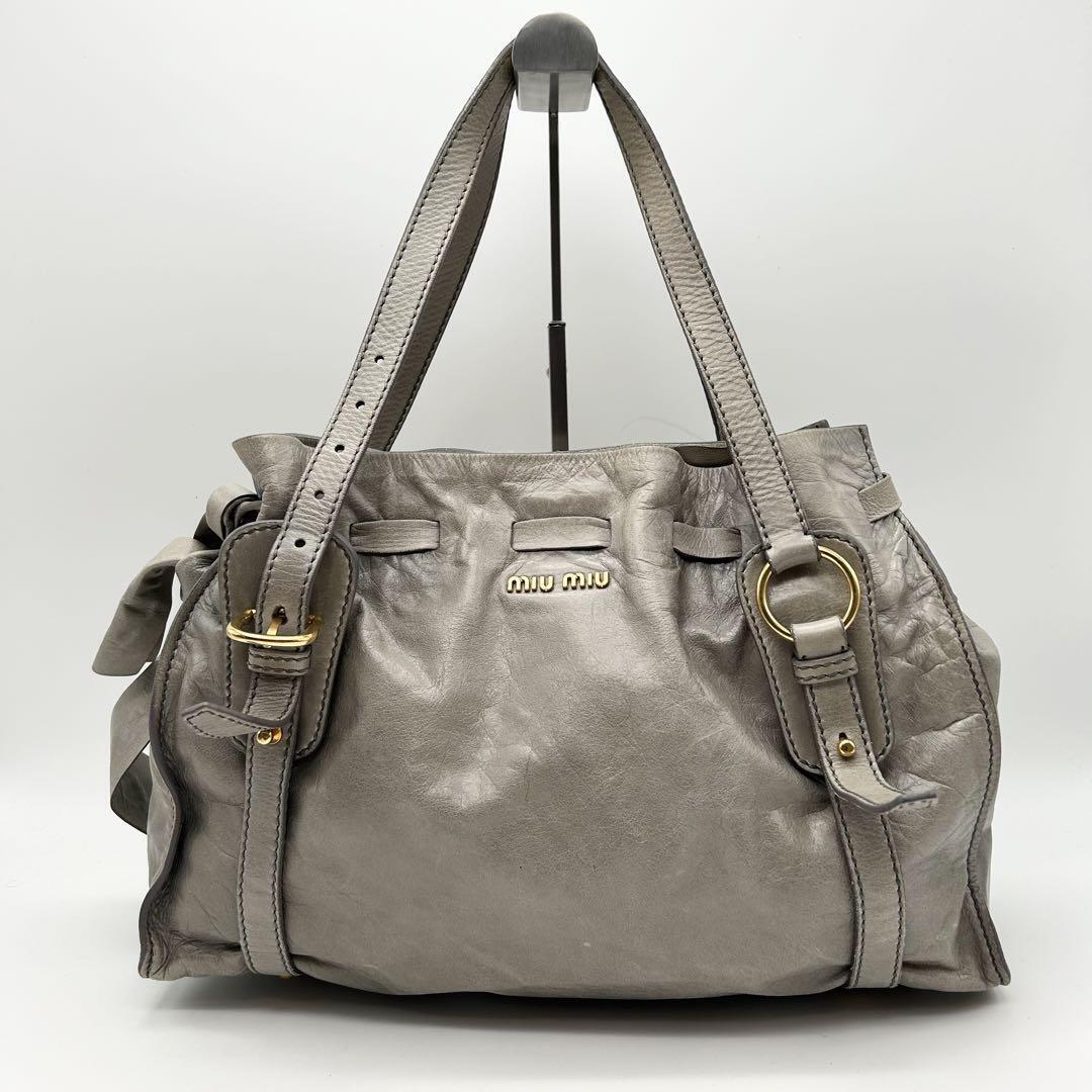 MIU MIU Side Ribbon Belt Tote Bag Shoulder Gray Leather MIU MIU Side Ribbon Belt Tote Bag Shoulder Gray Leather