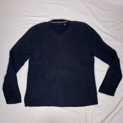 Structure Knit Sweater Pullover Men L Large Navy Blue Striped Long Sleeve V neck