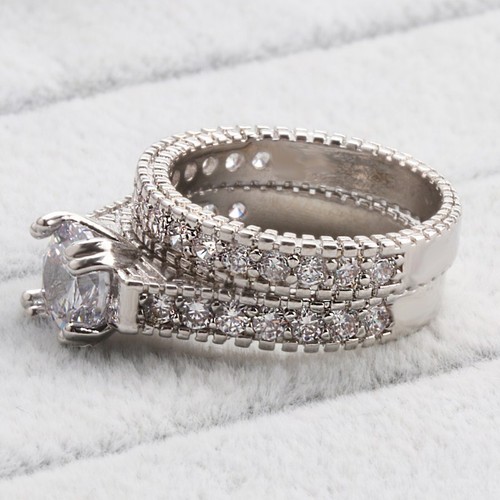 Conjunto de anillos de boda rellenos de oro blanco con circonita cúbica AAA de corte redondo para mujer talla 6-10 - Imagen 1 de 7