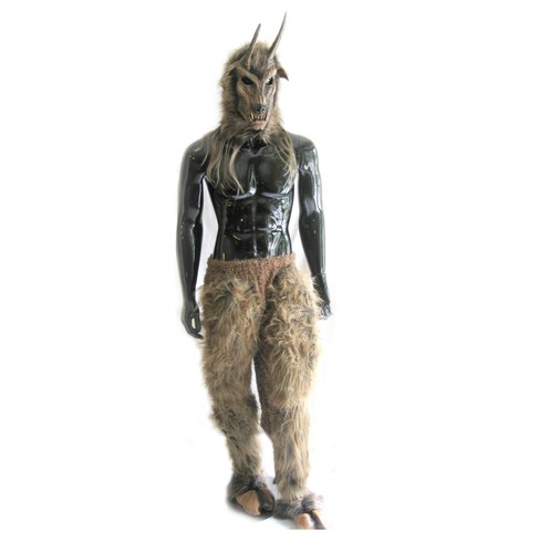 Horned Brown Goat Devil Adult Halloween Costume Mask  Legs Hooves Feet