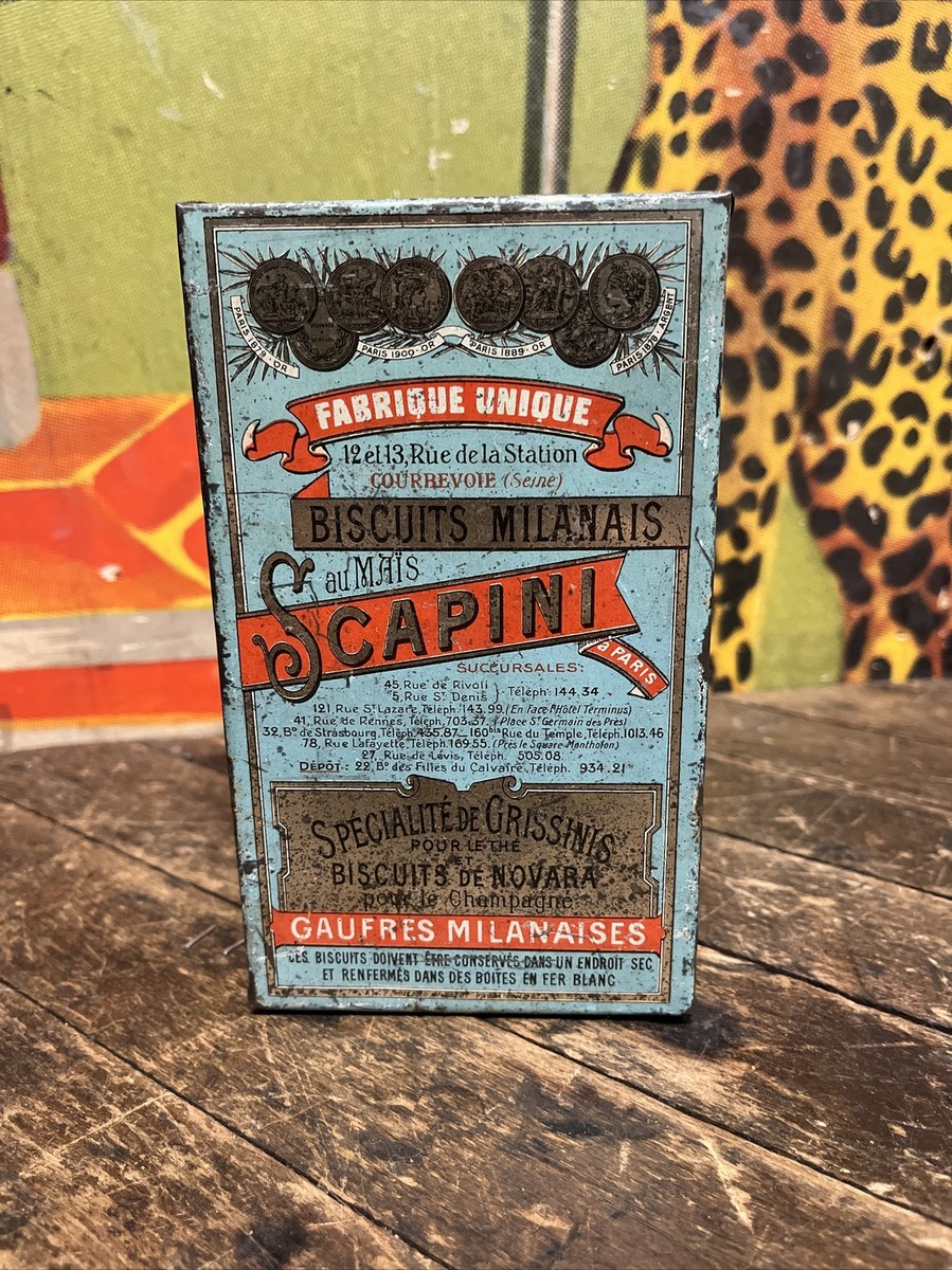 Boîte En étain Vintage Biscuits SCAPINI C. 1910 - Fabriquée à Paris, France - Publicité Originale - Multi-color
