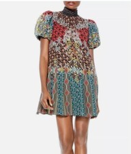 NWT 398 Alice Olivia Dress Floral Cooper Red Brown Floral Smocked 4 S Janis