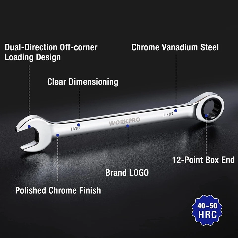 Juego de llaves combinadas de trinquete WORKPRO 22 piezas 72 dientes CR-V métricas y SAE Foto 3 de 4