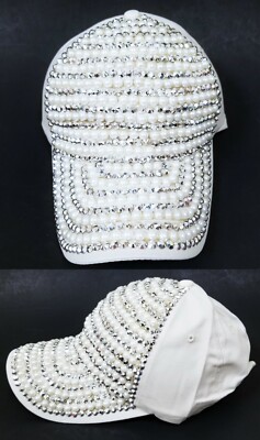 Crystal Stud and Pearl Embellished Mom White Baseball Hat (LV09) NY Yankees Swarovski Crystal Hat, Pearl Rhinestone Flower  main image 2